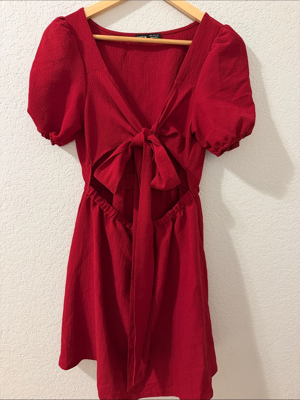 SHEIN Red Backless Tie-Front Puff Sleeve Mini Dress